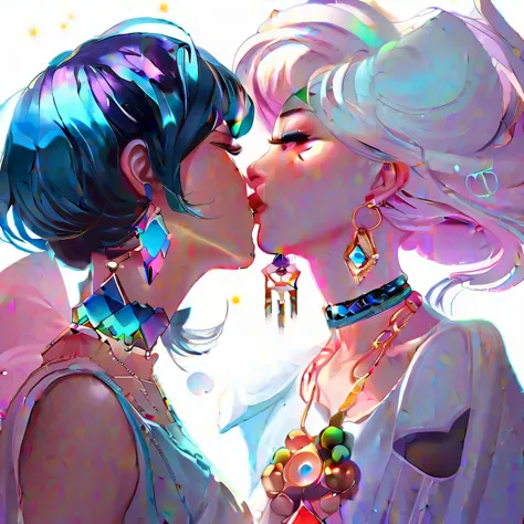 close-up of a woman with another woman kissing her necklace, girl with cosmic hair, rossdraws' soft vitality, gouvez style artwo...