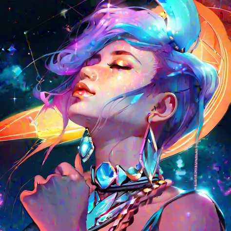 close-up of a woman with another woman kissing her necklace, girl with cosmic hair, rossdraws' soft vitality, gouvez style artwo...