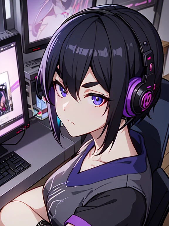 Cyberpunk, short hair, thick eyebrows, Digital punk, Anime style 4K, Short-sleeved playwear, black hair, computer room, Overhead Gaming Headset