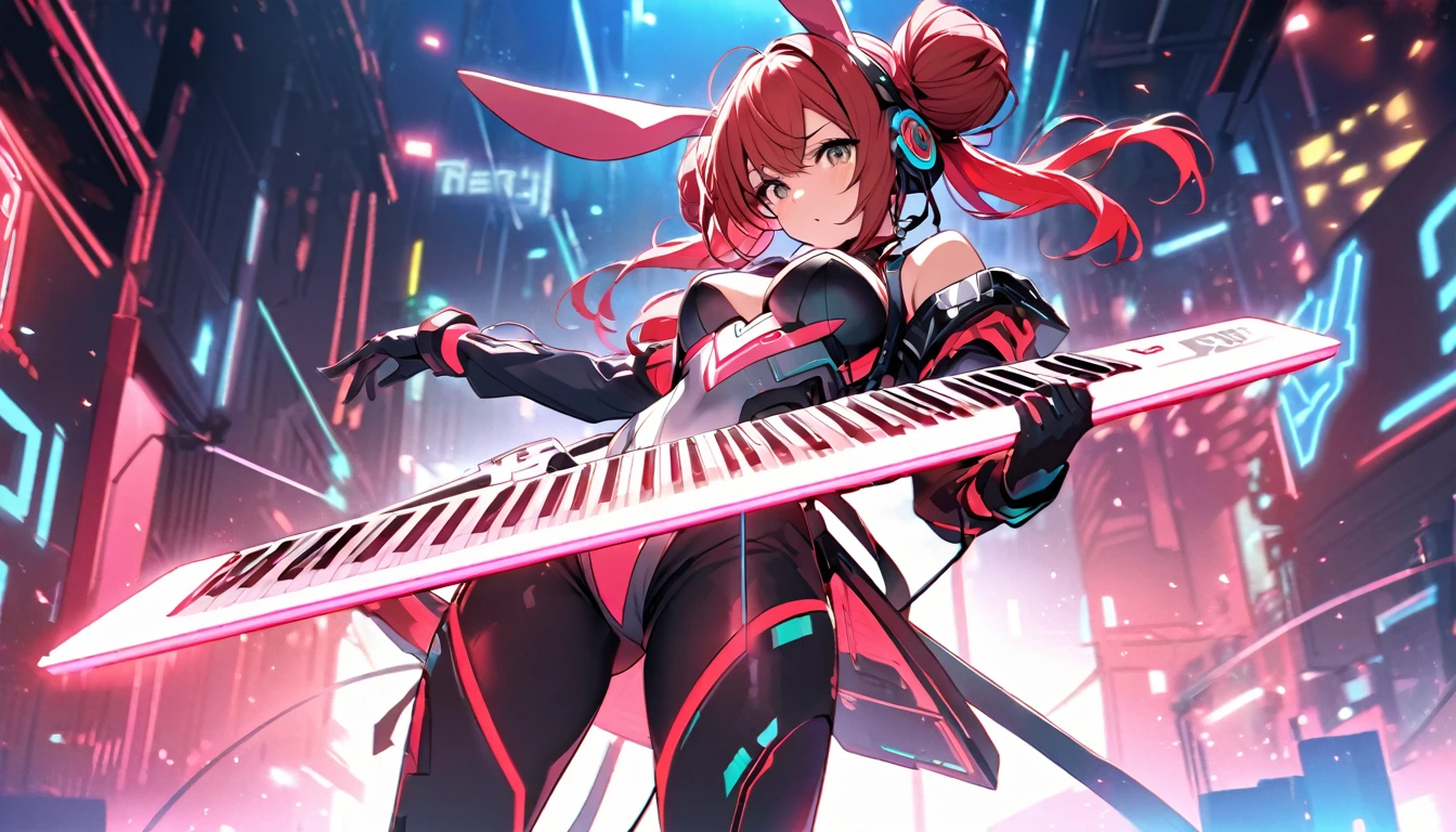 Beautiful girl, single, hair tied in two buns, red hair, glowing wires. Wear a half hat, headphones, bunny ears, and a neon sci-fi robot leotard. Behind it is a robot with neon lights. The background image is a large robot clearly visible, on stage playing Keytar.