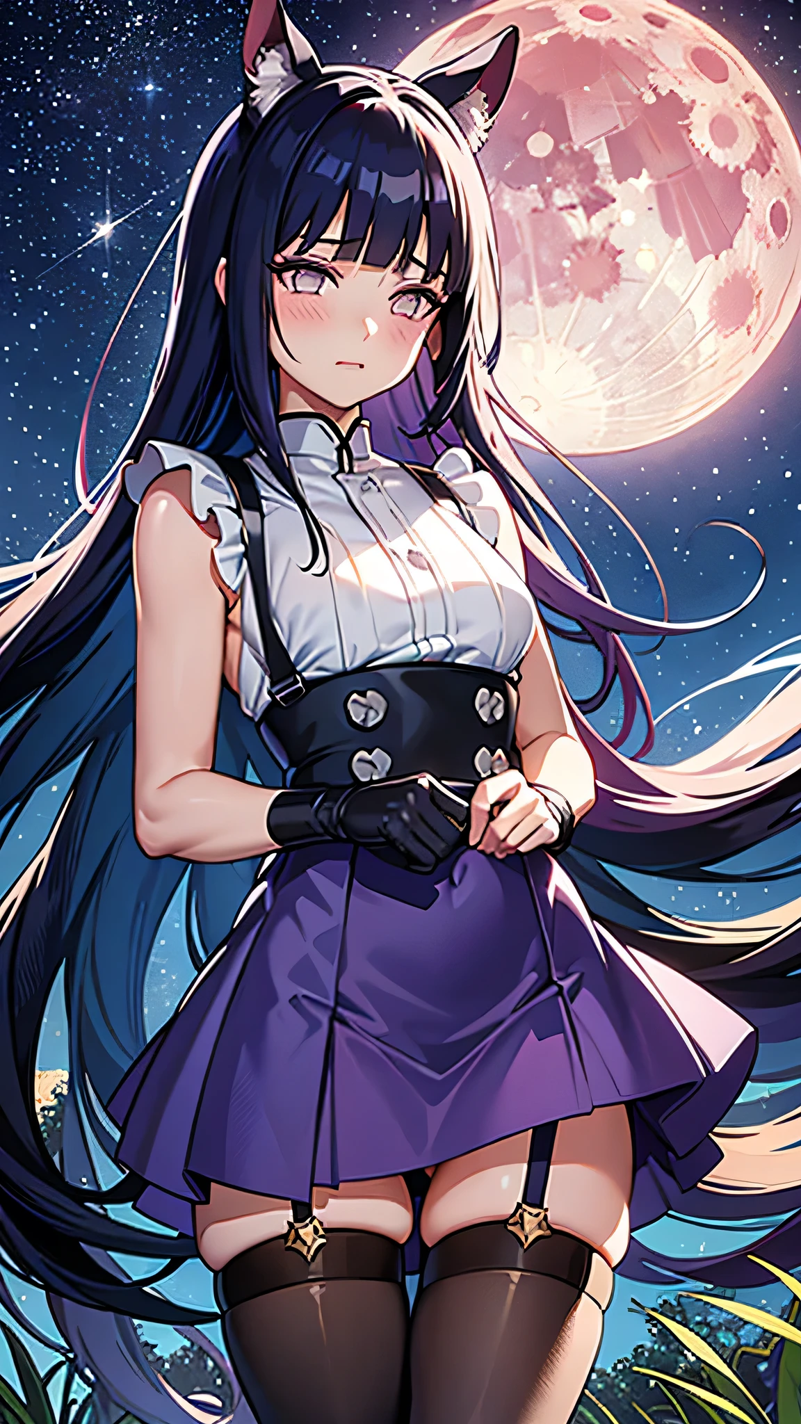 Anime girl with long hair and cat ears standing in front of a full moon -  SeaArt AI