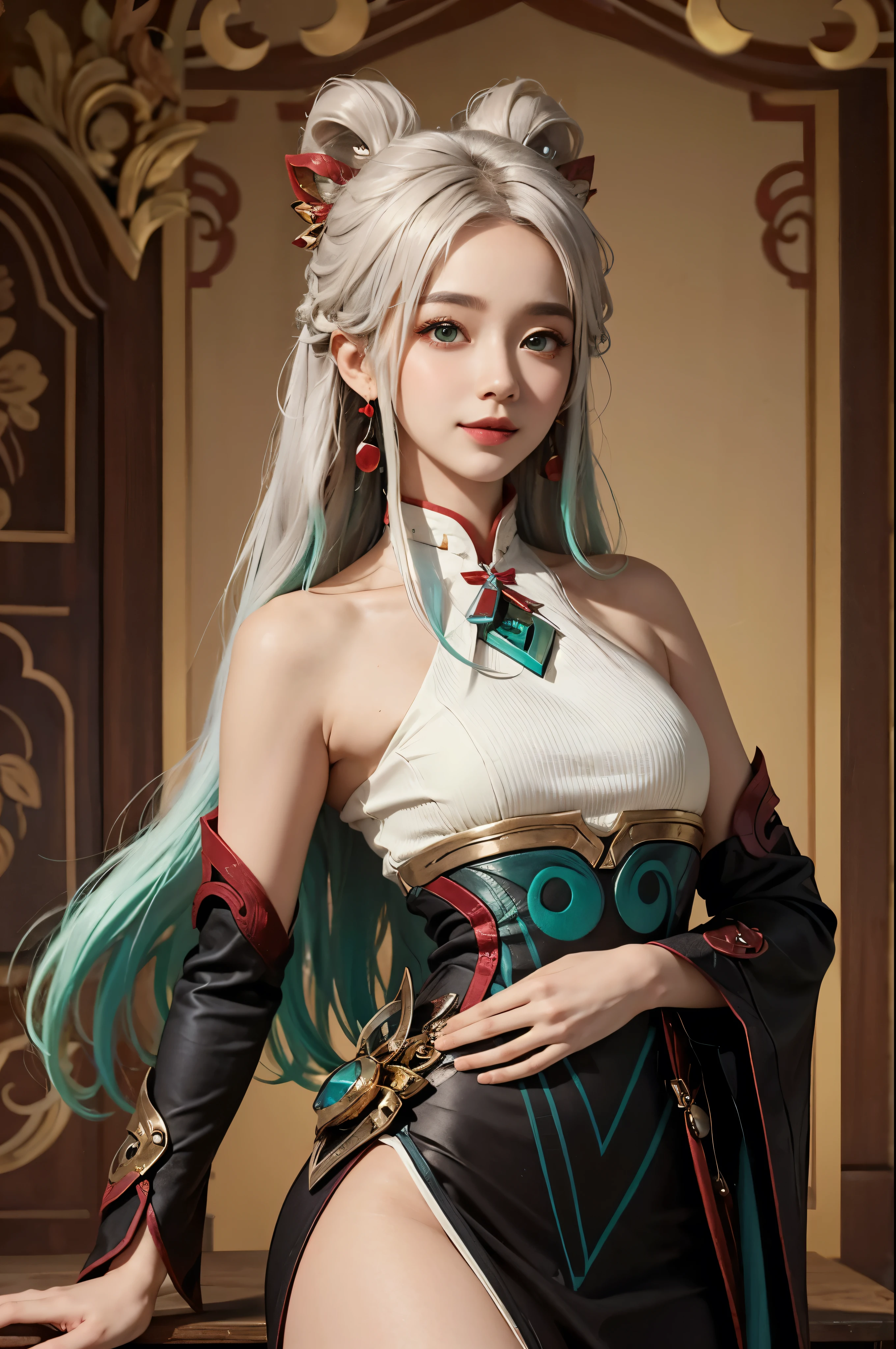 (masterpiece, best quality:1.2), intricate details, mythmaker irelia, 1girl, hair ornament, hair rings, bare shoulders, dress, detached sleeves, forehead mark, multicolored hair, white hair, earrings, green eyes, textured skin, looking at viewer, solo, light smile, (mature female:1.2)