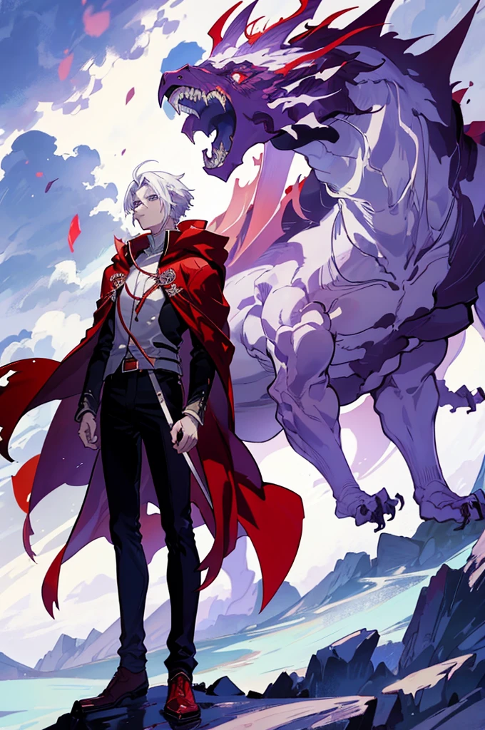 25 years old anime man with white hair, Wearing a Red cloak, Standing in front of a dragon, With one hand in his pocket, And purple aura in a form of smoke emerging out of his body 