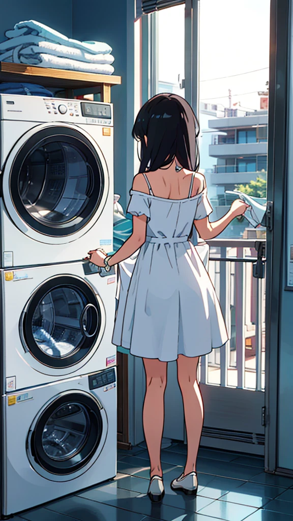 A girl，Holding a white short-sleeved dress ，washing machine，Clothes hanging to dry，balcony，Super Detail, High Detail