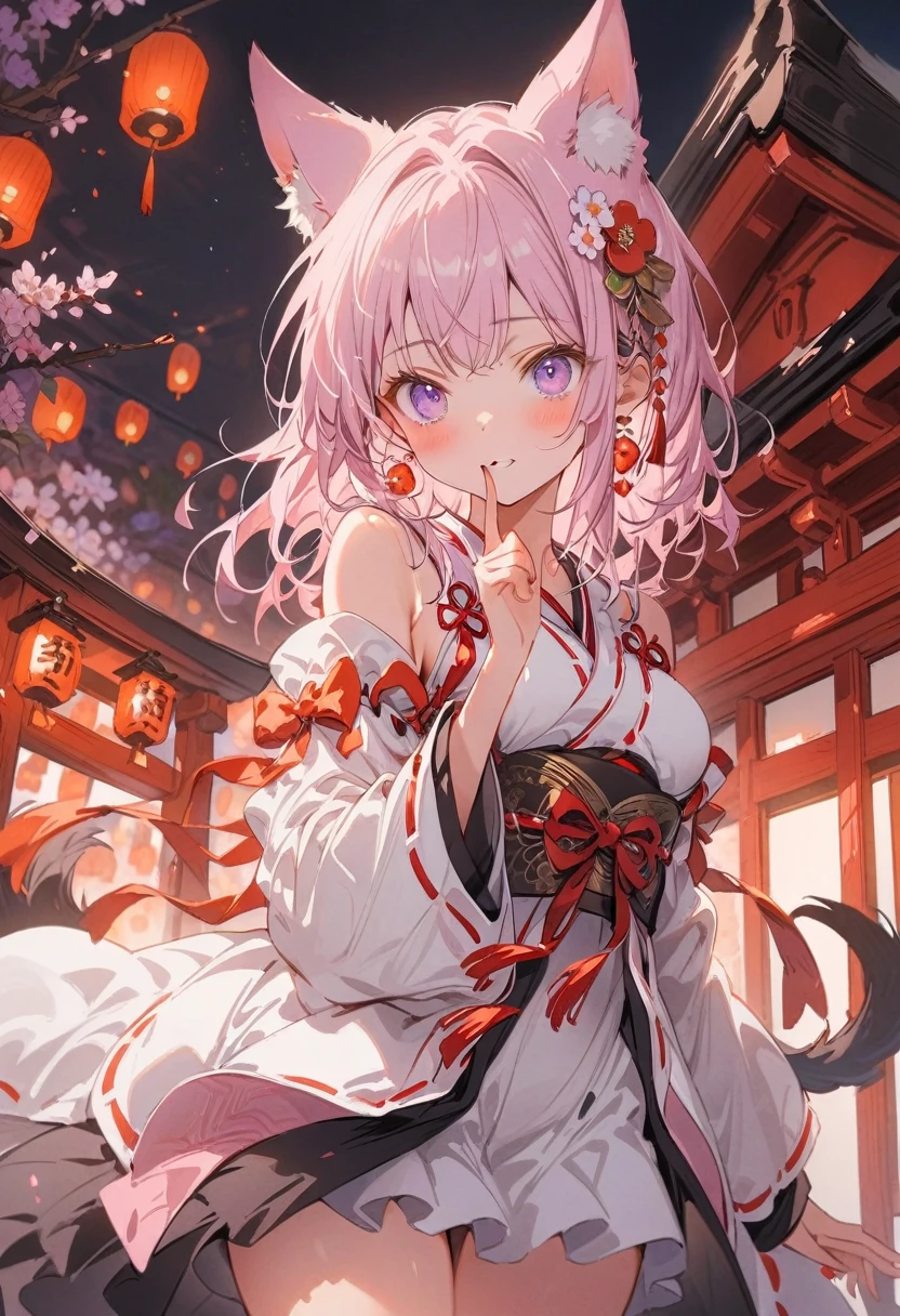 (best quality:1.4), high resolution, masterpiece,, 1 Girl,, Lilac hair, Purple Eyes, (Kemomimi), Medium breasts, Bare slender thighs,, Hair accessories, (Red|White Japanese shrine maiden costume), Separate sleeves,, blush,, lantern, shrine,, Delicate face,