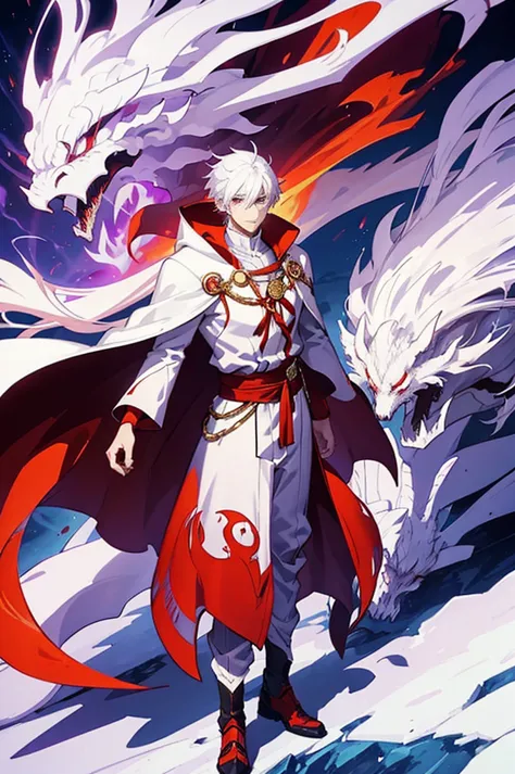 25 years old anime man with white hair, Wearing a Red cloak, Standing in front of a dragon, With one hand in his pocket, And pur...