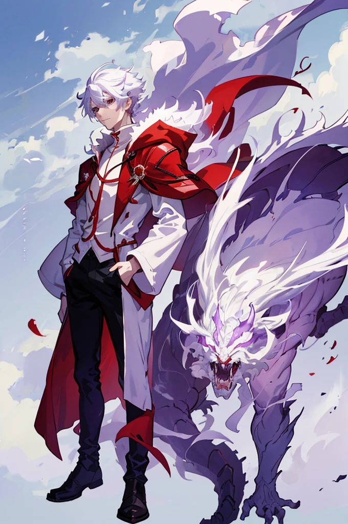 25 years old anime man with white hair, Wearing a Red cloak, Standing in front of a dragon, With one hand in his pocket, And purple aura in a form of smoke emerging out of his body 