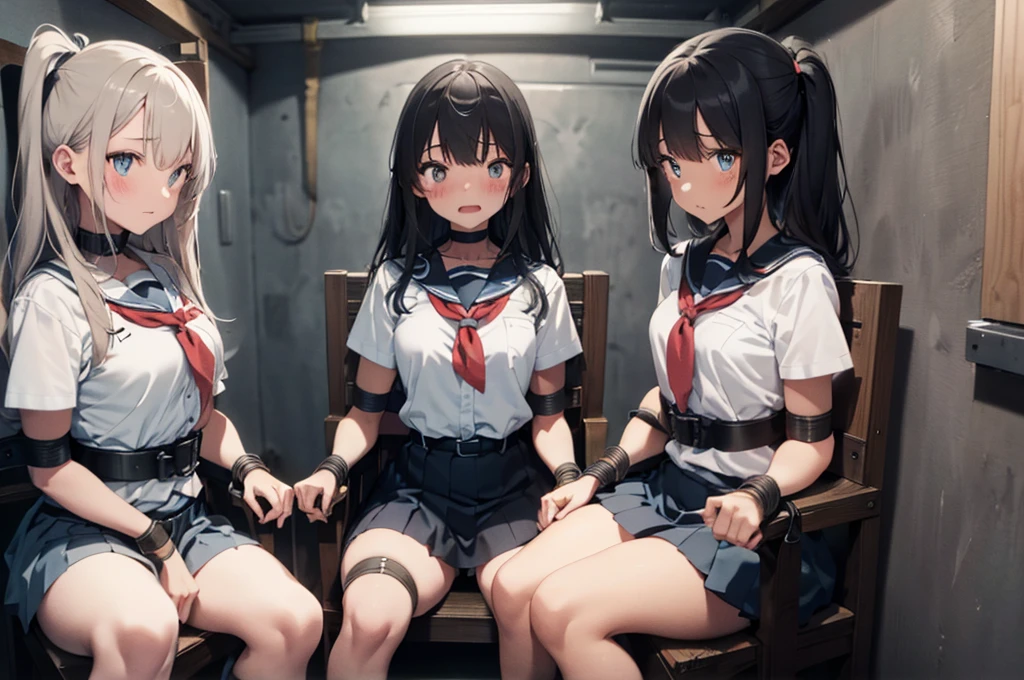 3 girls, ((inside tiny room, strapped to chairs)), (sitting:1.5), (bondage chair:1.5), (blushing:1.5), (open legs:1.5), ((basement, metal room)), (((3 girls, group of girls))), (inside torture room), arms to sides , wrist cuffs, ankle cuffs, (((shocked expression, struggling))), ((short sleeve,  sailor uniform, tight clohing)), arms to sides, long hair, dark hair, saphire eyes, perfect body, perfect face, detailed face, detailed eyes, 16K