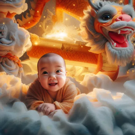 souriant baby with orange robe and a buddha statue in the background, bouddhiste, bouddhisme, moine, large sourire, sourire sere...