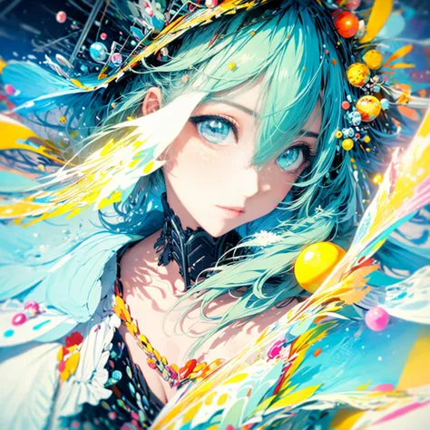 Highest quality,masterpiece, Anime illustration style, Girl,Green hair Blue eyes,cyber punk,(Particles of light),neon,Ball of Li...