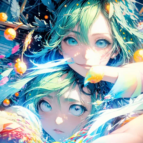 Highest quality,masterpiece, Anime illustration style, Girl,Green hair Blue eyes,cyber punk,(Particles of light),neon,Ball of Li...