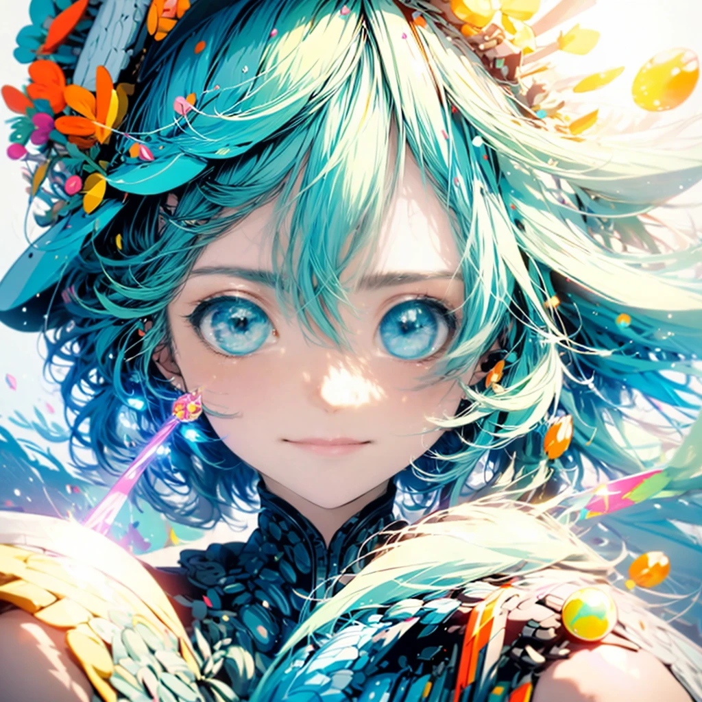 Highest quality,masterpiece, Anime illustration style, Girl,Green hair Blue eyes,cyber punk,(Particles of light),neon,Ball of Light,Illumination