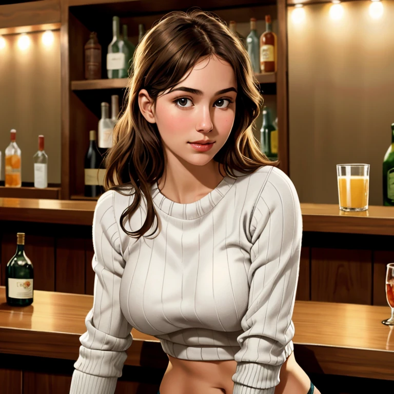 8k, best quality, realistic photos, realistic details, clear face, delicate facial features, real skin shine, a cute girl, shy, facing the camera, girl sitting in a bar in a gray fishnet sweater and tight panties, clear bar background, sea view, arms on bar counter, hips, slim body, big breasts, 24 years old, charming, seductive eyes