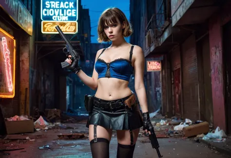 A sexy woman is walking in the dark alley of a ruined city where zombies roam the streets. She is wearing a blue bustier and a t...