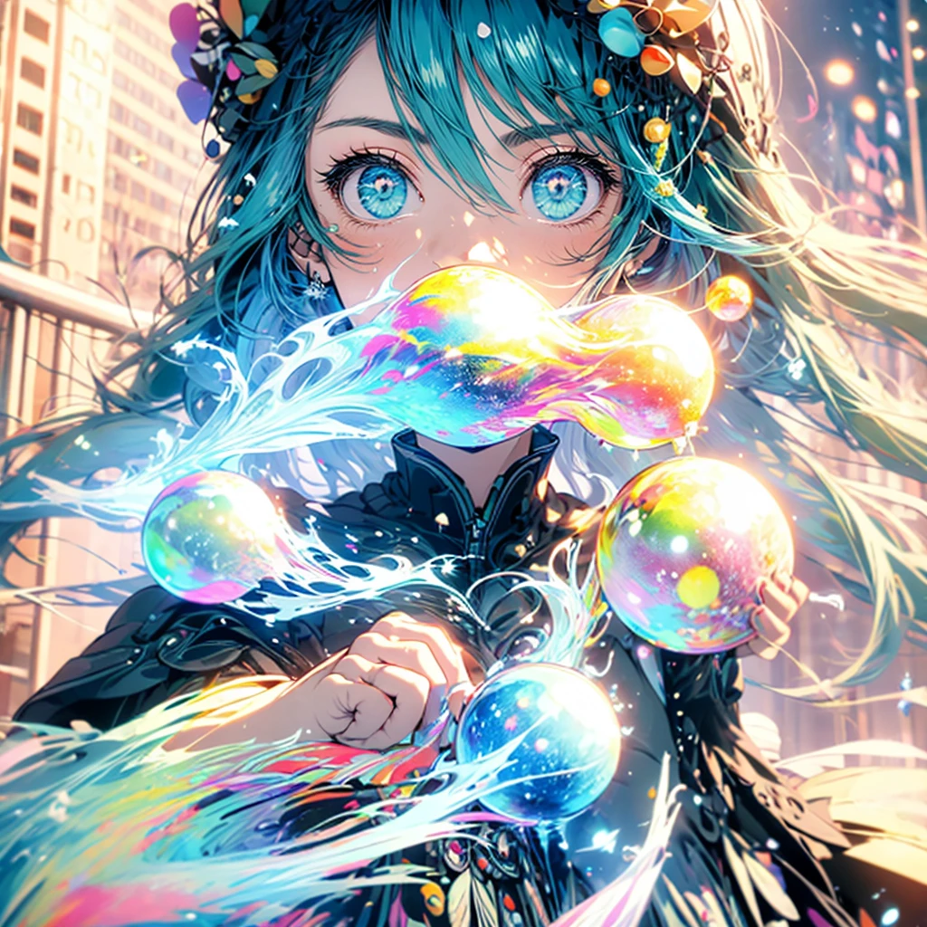 höchste Qualität,Meisterwerk, Anime-Illustrationsstil, Mädchen,Grüne Haare Blaue Augen,Stadt der Nacht,(Lichtteilchen),Neon,Lichtkugel,Erleuchtung,Durchgängig leuchtende Partikel