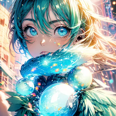 Highest quality,masterpiece, Anime illustration style, Girl,Green hair Blue eyes,City of night,(Particles of light),neon,Ball of...
