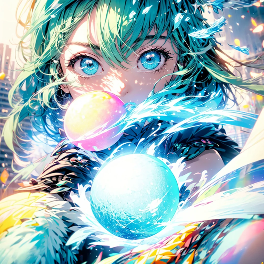 mais alta qualidade,obra de arte, estilo de ilustração de anime, Garota,Cabelo verde Olhos azuis,Cidade da Noite,(partículas de luz),néon,bola de luz,iluminação,Partículas que brilham por toda parte