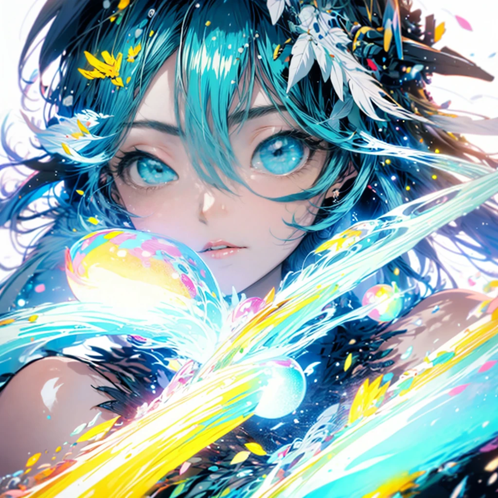 höchste Qualität,Meisterwerk, Anime-Illustrationsstil, Mädchen,Grüne Haare Blaue Augen,Stadt der Nacht,(Lichtteilchen),Neon,Lichtkugel,Erleuchtung,Durchgängig leuchtende Partikel