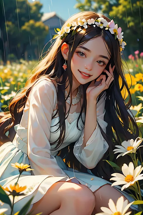 creat a very beautiful young woman a flower girl is she, i saw her sitting in the rain raindrops falling on her she didn't seem ...