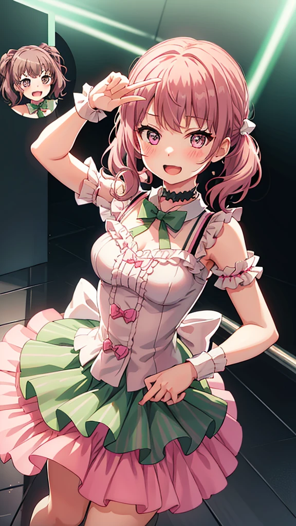 masterpiece, best quality, highres, (Conjoined_dicephalus), (2 heads:1.2), two heads, (1 body:1.5), 2 girl, solo, 2 legs, 2 arms, conjoined twins, solo, huhehe, green eyes, brown hair, short hair, dress, frills, microphone, green_bow, green_choker, holding, holding_microphone, green_bowtie, white_ribbon, bare_shoulders, frilled_dress, wrist_bow, collarbone, green_dress, upper_body, frilled_sleeves, strapless_dress, maruyama_aya_bangdream, pink_hair, bangs, pink_eyes, blush, smile, open_mouth, bow, ribbon, twintails, sidelocks, long_hair, hair_ribbon, hair_bow, choker, dress, frills, microphone, pink_bow, pink_choker, holding, holding_microphone, pink_bowtie, white_ribbon, bare_shoulders, frilled_dress, wrist_bow, collarbone, pink_dress, upper_body, frilled_sleeves, strapless_dress, happy, cowbow shot, outdoors, forest