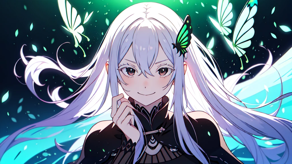 absurdres, highres, ultra detailed, echidna, brown eyes, medium breasts, butterfly hair ornament, (colored eyelashes:1.1), capelet, black dress, long sleeves, looking at viewer, evil smile, otherworldly hues, surreal landscapes, unseen light, ethereal glow, neon green glow, vibrant colors, ghostly effect, hand up