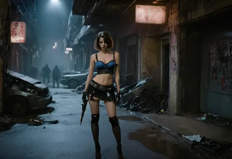 A sexy woman is walking in the dark alley of a ruined city where zombies roam the streets. She is wearing a blue bustier and a t...