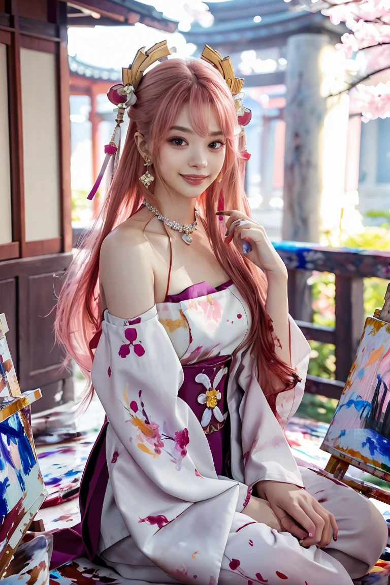 1girll, (Ulzzang-6500:0.7), Kpop idol, Yae Miko, Detached sleeves, Bare shoulders, Pink hair, Long hair, Japanese clothes, Best quality, (Painting:1.5), (hair adornments:1.35), jewelry, Purple eyes, Earrings, Breasts, Torii, Cherry blossoms, Lantern light, Depth of field, Detailed face, Face focus, ribbon_Trim, (view the viewer:1.25), nontraditional miko, Shiny skin, Long sleeves, Smiling, Thick lips, Game CG, hands on lips, east asian architecture, (The background is blurred out:1.2), Sitting, Upper body,