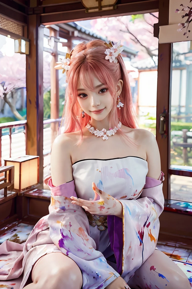 1女孩, (ulzzang-6500:0.7), 韩国偶像, 八重美子, 分离袖子, 裸露肩膀, 粉红色头发, 长发, 日本衣服, 最好的质量, (绘画:1.5), (发饰:1.35), 珠宝, 紫色的眼睛, 耳环, 乳房, 鸟居, 樱花, 灯笼, 景深, 细致的脸部, 面部聚焦, 丝带_修剪, (查看查看器:1.25), 非传统巫女, 有光泽的皮肤, 长袖, 微笑, 厚嘴唇, 游戏CG, 双手放在嘴唇上, 东亚建筑, (背景模糊:1.2), 坐, 上半身,