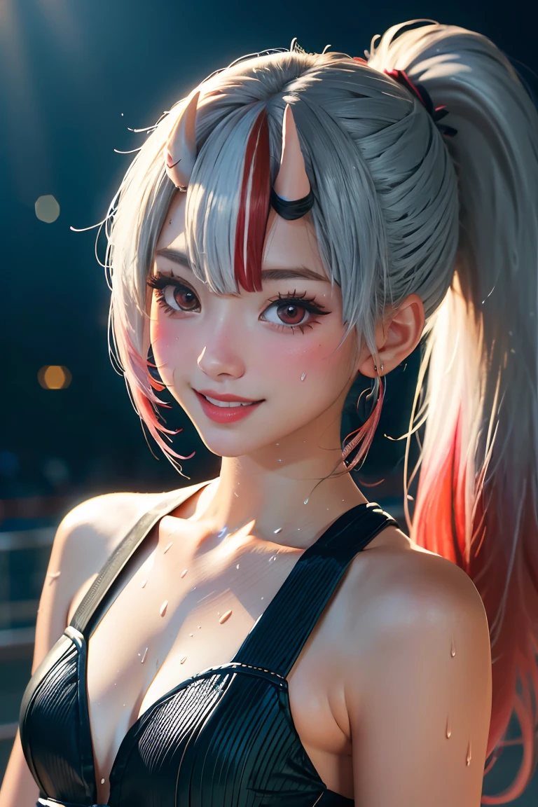 (masterpiece:1.3), (absurdres:1.3), (best quality:1.3), (ultra-detailed:1.3),(best shadow:0.7), (handled hair), pureerosface_v1, perfect anatomy, 1girl, solo, medium breasts, cleavage, virtual youtuber, nakiri ayame, silver hair, hair between eyes, red eyes, ponytail hair, streaked hair, hair ornament, singing, looking at viewer, (sweaty:1.3) concert stadium, ((idol clothes)), concert, outdoors, night, extremely detailed 8K, smooth, high resolution, ultra quality, cinematic lighting, ambient occlusion, hd, 4k, perfect composition, atmospheric lighting, gradient hair, gradient eyes, smiling, facing viewer, look at viewer, close-up,