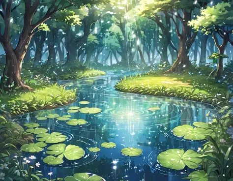 a fairy forest with light rain、ripple in a puddle