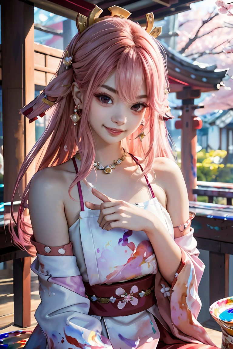 1girll, (Ulzzang-6500:0.7), Kpop idol, Yae Miko, Detached sleeves, Bare shoulders, Pink hair, Long hair, Japanese clothes, Best quality, (Painting:1.5), (hair adornments:1.35), jewelry, Purple eyes, Earrings, Breasts, Torii, Cherry blossoms, Lantern light, Depth of field, Detailed face, Face focus, ribbon_Trim, (view the viewer:1.25), nontraditional miko, Shiny skin, Long sleeves, Smiling, Thick lips, Game CG, hands on lips, east asian architecture, (The background is blurred out:1.2), Sitting, Upper body,