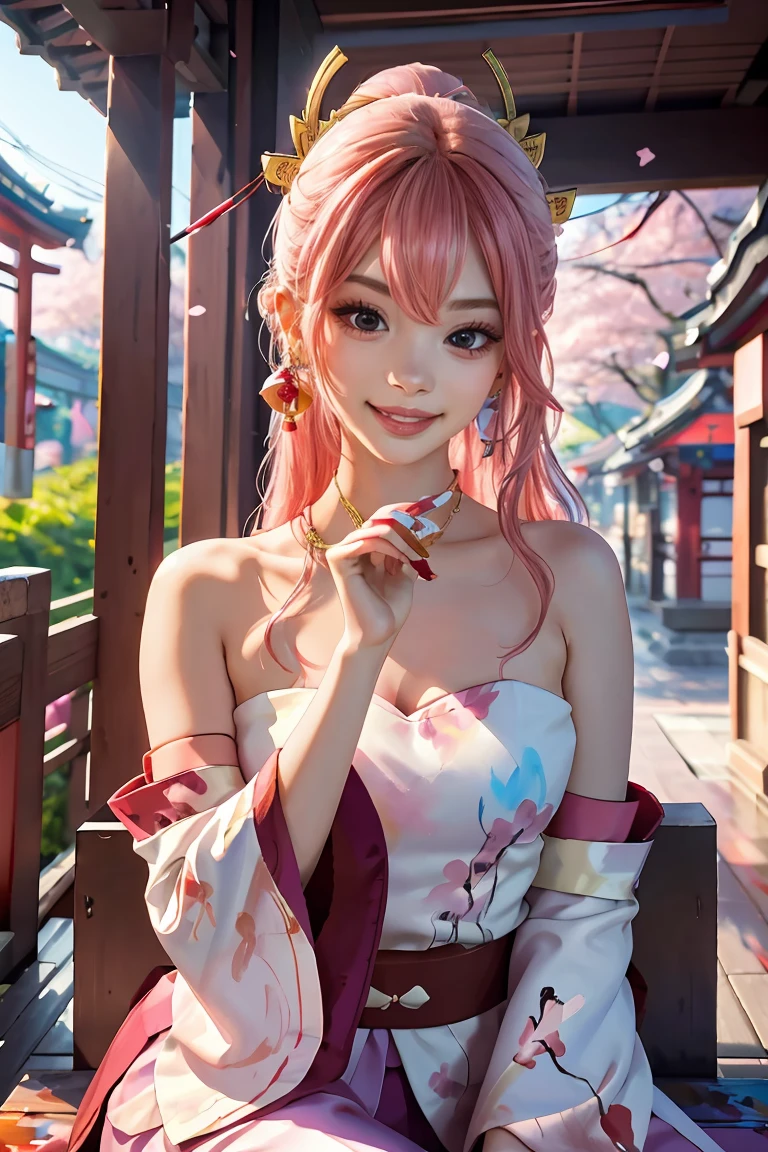 1girll, (Ulzzang-6500:0.7), Kpop idol, Yae Miko, Detached sleeves, Bare shoulders, Pink hair, Long hair, Japanese clothes, Best quality, (Painting:1.5), (hair adornments:1.35), jewelry, Purple eyes, Earrings, Breasts, Torii, Cherry blossoms, Lantern light, Depth of field, Detailed face, Face focus, ribbon_Trim, (view the viewer:1.25), nontraditional miko, Shiny skin, Long sleeves, Smiling, Thick lips, Game CG, hands on lips, east asian architecture, (The background is blurred out:1.2), Sitting, Upper body,