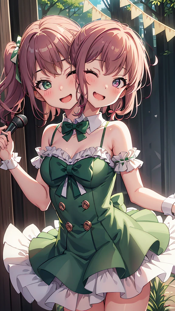 masterpiece, best quality, highres, (Conjoined_dicephalus), (2 heads:1.2), two heads, (1 body:1.5), 2 girl, solo, 2 legs, 2 arms, conjoined twins, solo, huhehe, green eyes, brown hair, short hair, dress, frills, microphone, green_bow, green_choker, holding, holding_microphone, green_bowtie, white_ribbon, bare_shoulders, frilled_dress, wrist_bow, collarbone, green_dress, upper_body, frilled_sleeves, strapless_dress, maruyama_aya_bangdream, pink_hair, bangs, pink_eyes, blush, smile, open_mouth, bow, ribbon, twintails, sidelocks, long_hair, hair_ribbon, hair_bow, choker, happy, cowbow shot, outdoors, forest