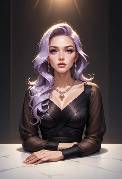 a woman in a black dress is sitting on a white table. she has long hair and is wearing a necklace. the woman appears to be an ac...