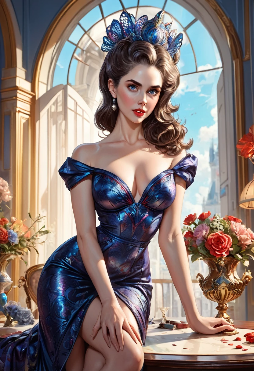 Arafed-Frau in einem schwarzen Kleid sitzt auf einem weißen Tisch, wunderschöne Frau Alison Brie, Die wunderschöne Zauberin Alison Brie, Wochen Verlust!, modèle femme, superbe pose élégante, elegante Beine, inspiriert von Evaline Ness, stoïa, femme splendide, Tiffany Dover, Cire-Figur, Glamour Jill Valentine, Wunderschöne junge Alison Brie, Alina Ivanchenko, Pin-Up-Stil