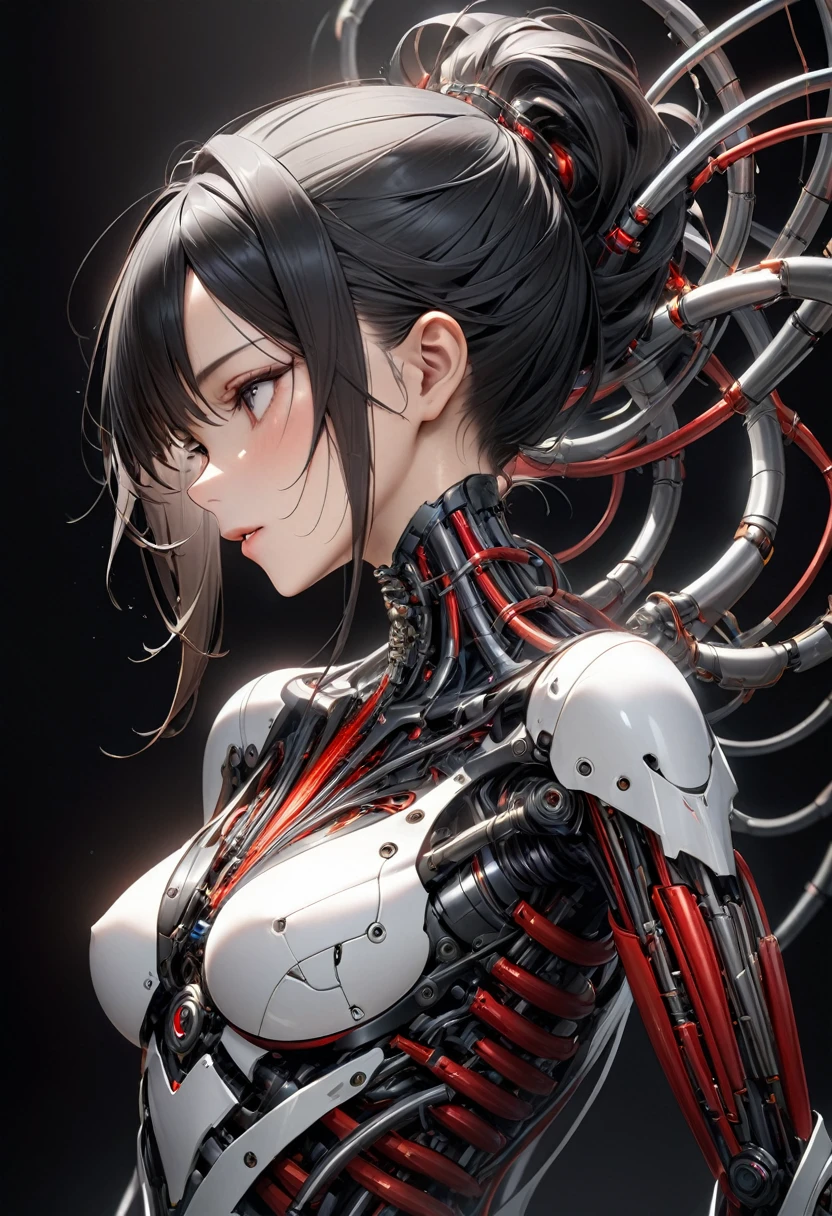 Portrait of a beautiful woman with a black mechanical body,She stands in the darkness,The woman has long black hair,Her black hair is straight, shiny and beautiful.A beautiful mechanical body right down to the neck,The black mechanical body is a beautiful and realistic mechanical depiction.Red blood vessel-like thin tubes They are connected in many ways like art on the neck, spine, waist, etc.The background is black,  light coming from the background mysteriously illuminates the woman's body and the tubes.The woman's body arches back, creating a beautiful line, her face is impersonal,medical expressions,Side view,(Masterpiece, Best Quality4k、8k，:1.2)、High quality, high precision images,Ultra detail,3dCG concept art、Android
