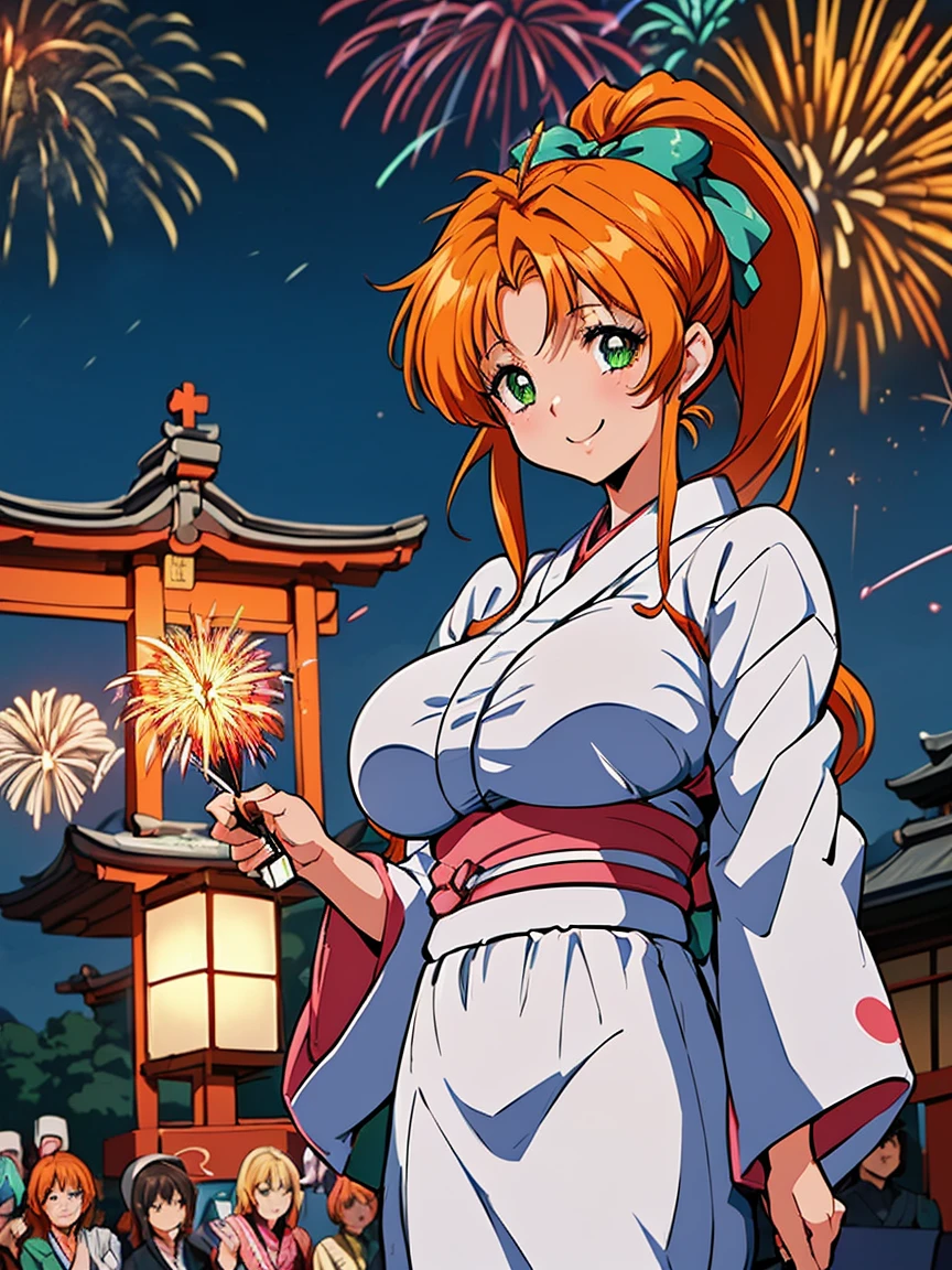 アニメ,アニメ style,high resolution、high quality、masterpiece、4K,8K,(yukata:1.5),(huge breasts),(fukawa_miku, green eyes, orange hair, long hair, ponytail, green bow,happy smile),(shrine、firework、Night view、crowd、looking at viewer:1.4)