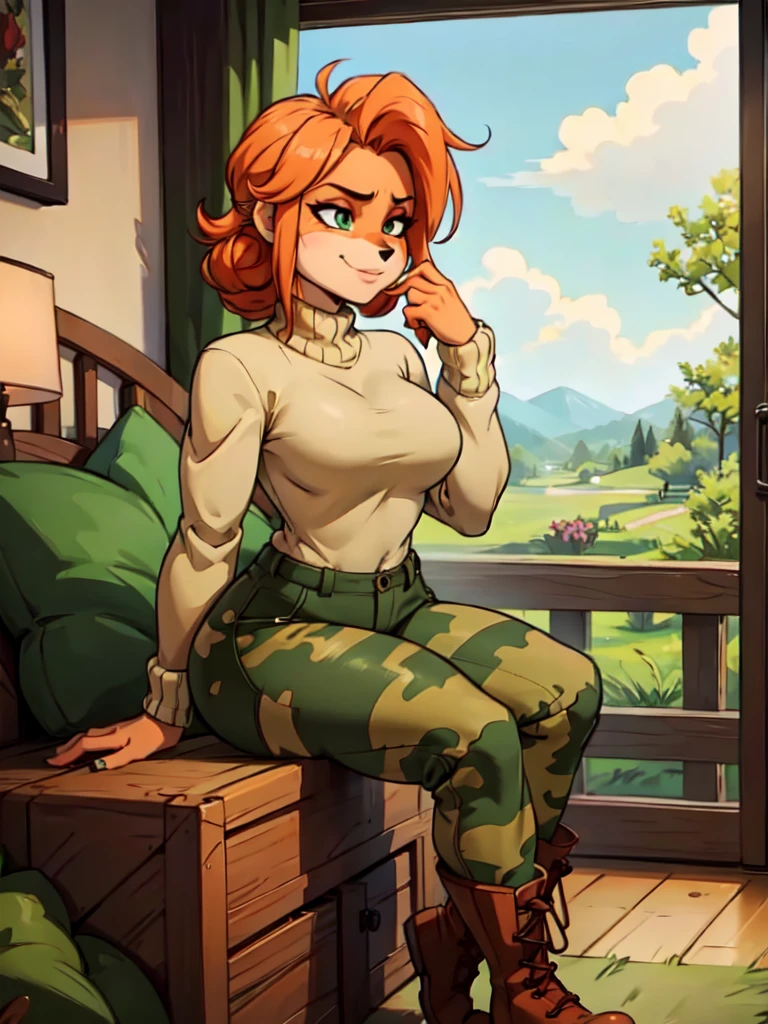 sancy anthro bandicoot girls redhead, braided hair, beautiful green eyes, sexy ,seductive, warm sweater, camouflage pants, army boots, smirking, cozy lighting, vibrant colors ,girls anthro , sweater, camouflage pants, army boots,