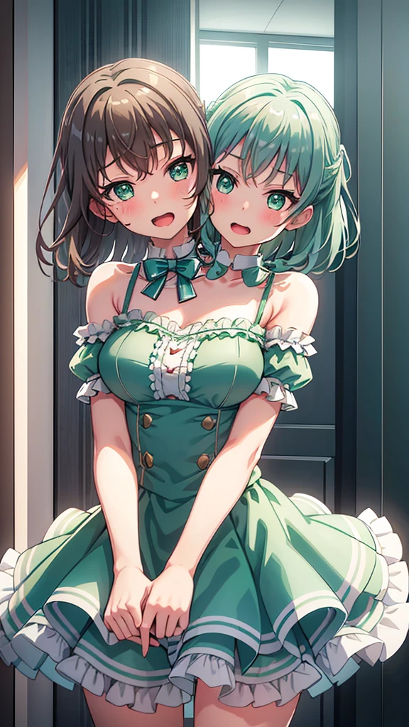 masterpiece, best quality, highres, (Conjoined_dicephalus), (2 heads:1.2), two heads, (1 body:1.5), 2 girl, solo, 2 legs, 2 arms, conjoined twins, solo, huhehe, green eyes, brown hair, short hair, dress, frills, microphone, green_bow, green_choker, holding, holding_microphone, green_bowtie, white_ribbon, bare_shoulders, frilled_dress, wrist_bow, collarbone, green_dress, upper_body, frilled_sleeves, strapless_dress, hikawa_hina_bangdream, aqua_hair, green_eyes, short_hair, smile, bow, braid, blush, hair_bow, side_braids, twin_braids, open_mouth, bangs, choker, dress, frills, aqua_bow, aqua_choker, aqua_bowtie, white_ribbon, bare_shoulders, frilled_dress, wrist_bow, collarbone, blue_dress, upper_body, frilled_sleeves, strapless_dress, happy, cowbow shot, outdoors, forest