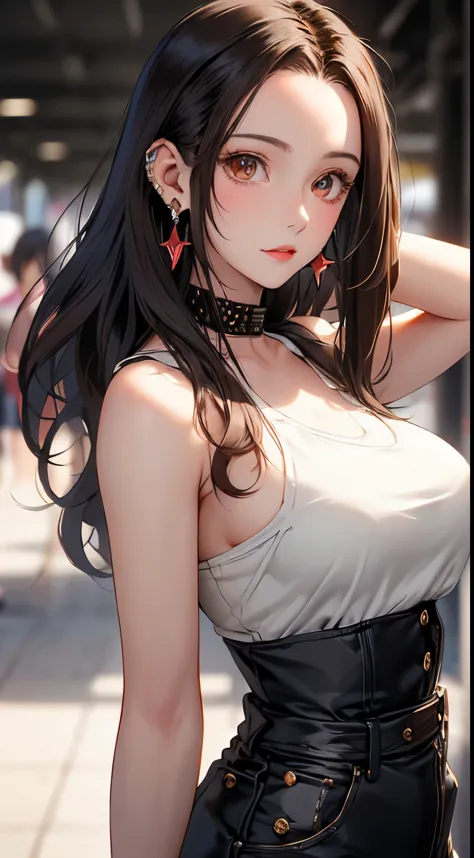 masterpiece, highest quality, pixiv, cool girl, lots of earrings, earrings, dark brown hair, (medium hair:1.8, forehead:1.6), du...