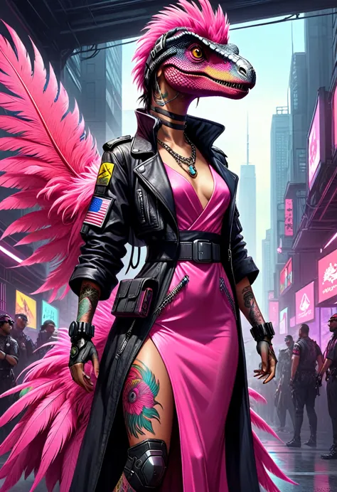 Velociraptor in high-fashion cyberpunk attire, full-body portrait, cyberpunk Dino fashion, digital painting, long dress with pin...