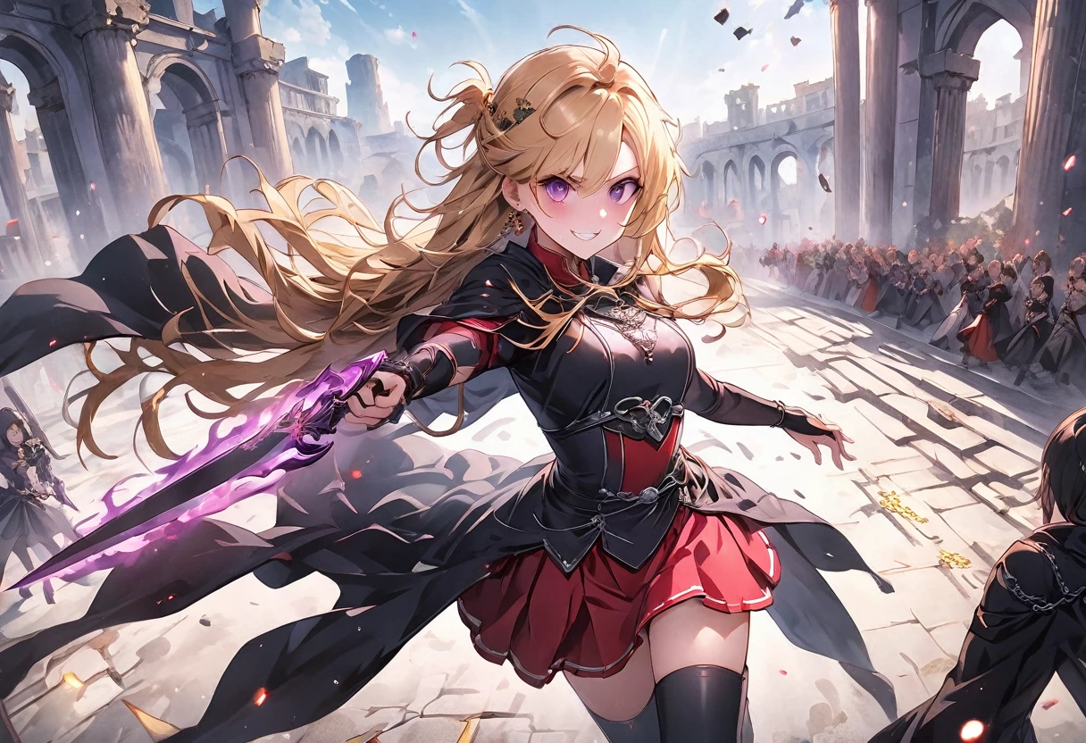 dark persona, Feeling dark energy, ecstasy, looking at viewer, armor, fighting stance, happy, blush, evil grin, black leg armor, knight, long hair, octagonal yin yang mirror, purple eyes, audience, pillars of purple fire, 1 woman, black cape, runes, black dress, Ruined city, gold decoration, Summoning a magic sword, at midnight, gold hair, earring, chains, yin yang, red skirt, beautiful art, depth of field, high res, perfect face, detailed outfit