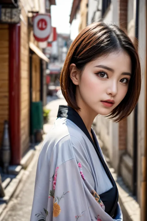 highest quality, masterpiece, high resolution, one girl, beautiful and perfect face, one-length bob cut, japanese clothing,kimon...