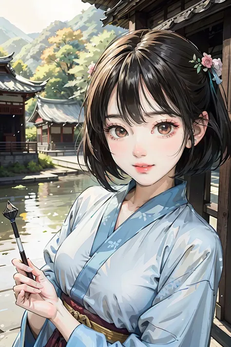 (masterpiece),best quality,good anatomy, shuimobysim,(1 girl:1), (upper body),(smile),short hair,(hanfu),(ecchi0.5), (trees:0.5)...