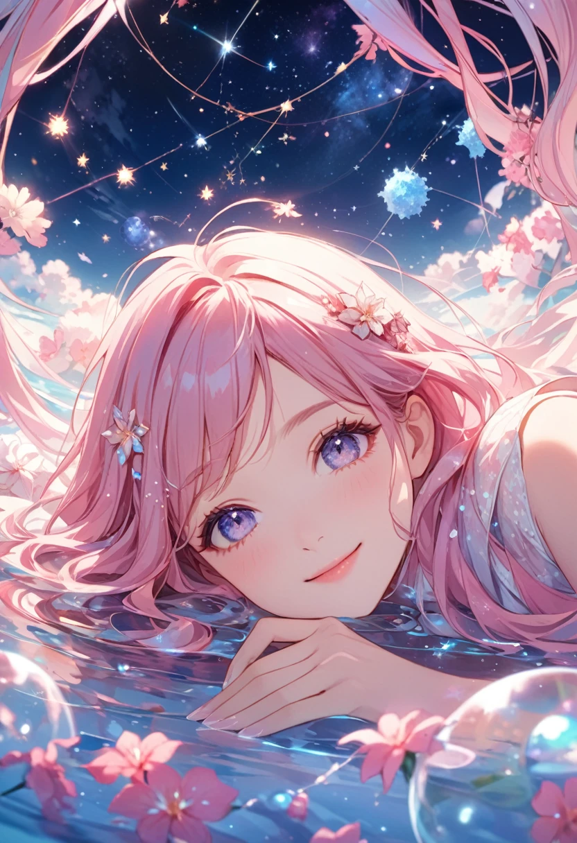 ((ultra detailed face)),Describe a scene in which a beautiful woman character is lying on a water, Look up at the starry sky. Surround her with colorful nebulae and her favorite constellations.(((big smiling))).((forehead)),milky white and pink theme