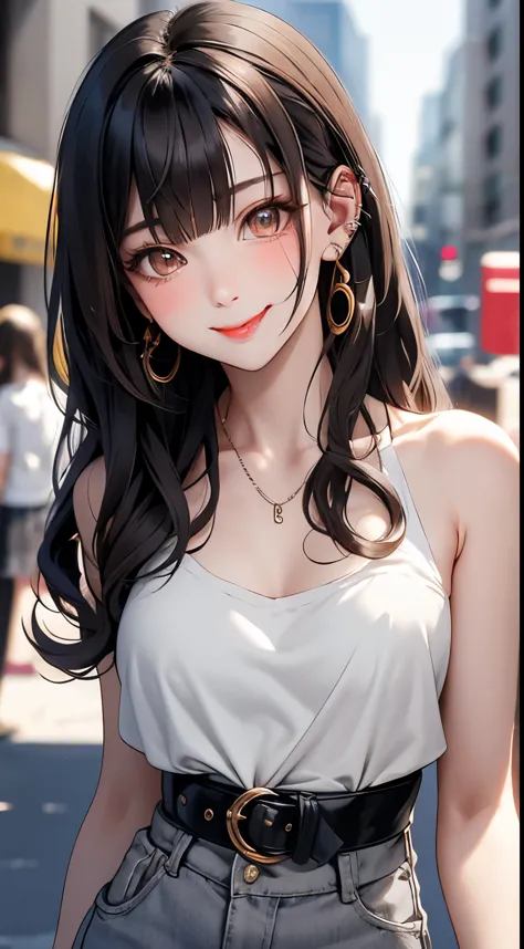 masterpiece, best quality, PIXIV, cool girl, lots of piercings, earrings, dark brown hair, curly hair, blunt bangs, straight ban...