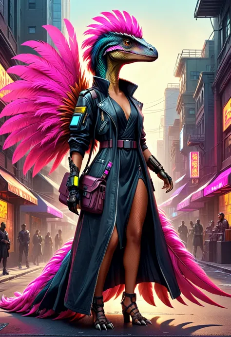 Velociraptor in high-fashion cyberpunk attire, full-body portrait, cyberpunk Dino fashion, digital painting, long dress with pin...