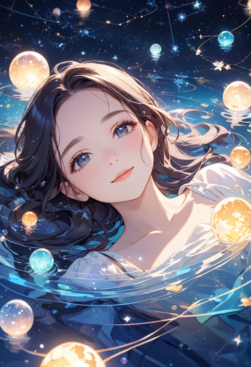 ((ultra detailed face)),Describe a scene in which a beautiful woman character is lying on a water, Look up at the starry sky. Surround her with colorful nebulae and her favorite constellations.(((big smiling))).((forehead)),milky theme