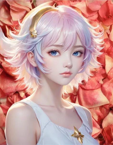 Anime girl with pink hair and blue eyes surrounded by rose petals, Portrait of a girl in the Knights of the Zodiac, Stunning Ani...