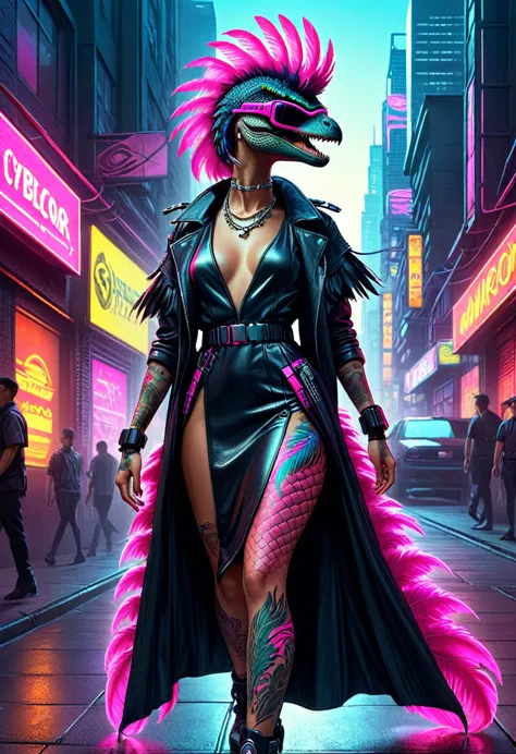 Cyberpunk Velociraptor striding through a neon-lit cityscape, high fashion model in a long cyberpunk dress with oversized pink f...